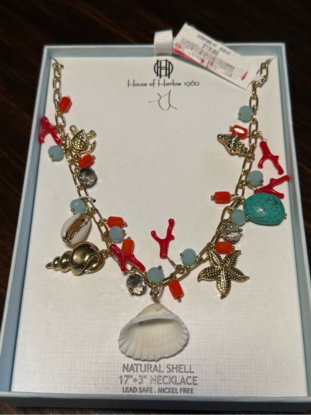 New with tags House of Harlow 1960 Coral & Turquoise Shell Charm Necklace